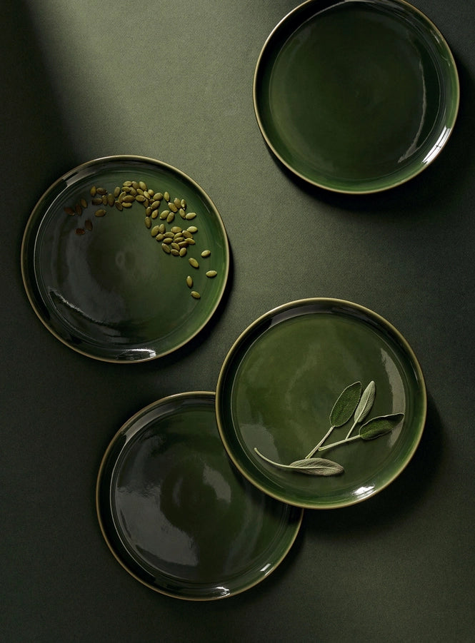 Stoneware Flat Dinner Plate | Edan 9.4"- Matte Green Outside/Shiny Green Inside
