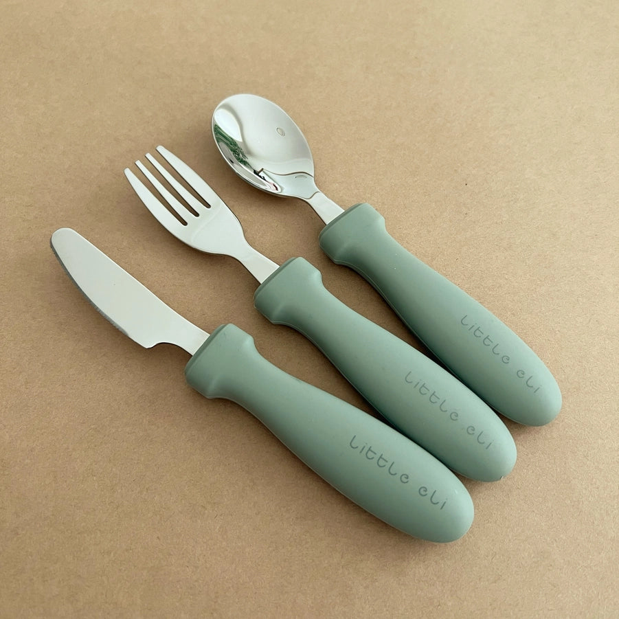 Kids Silicone & Stainless Steel Cutlery Set - Light Fern