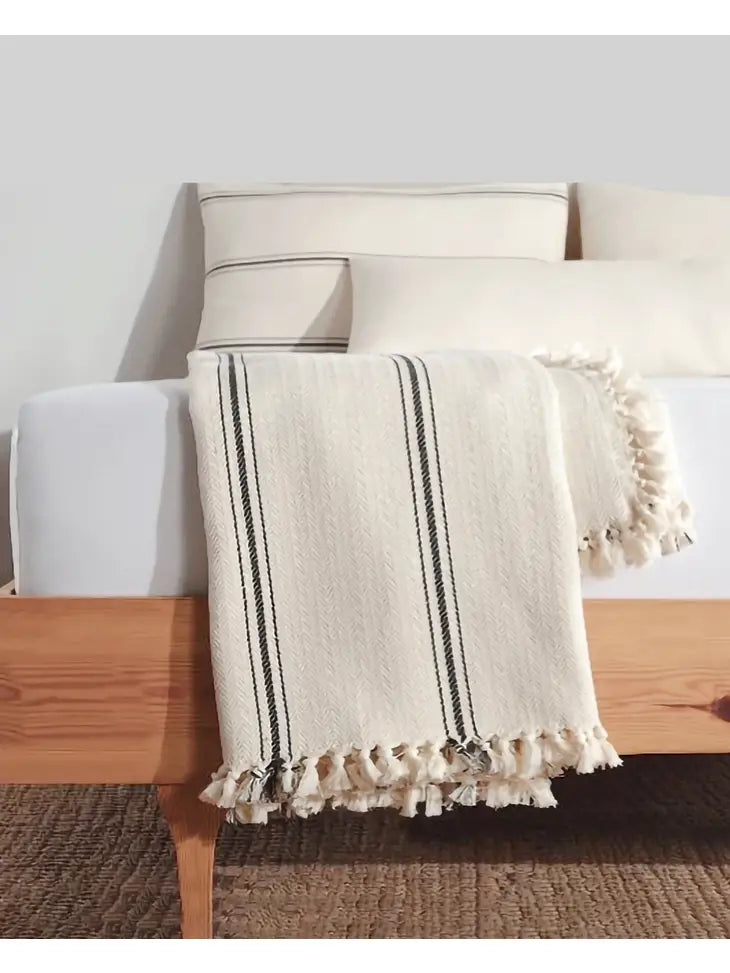 Minimalist 100% Cotton Throw Blanket- Cream With Black Stripes