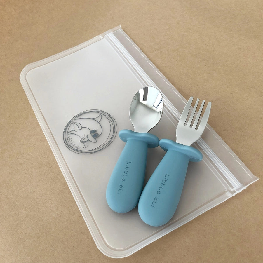Toddler Silicone & Stainless Steel Cutlery Set - Dusty Blue