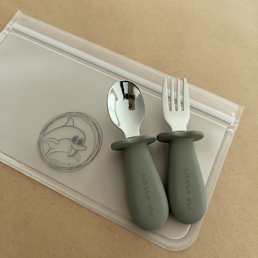 Toddler Silicone & Stainless Steel Cutlery Set - Olive Green