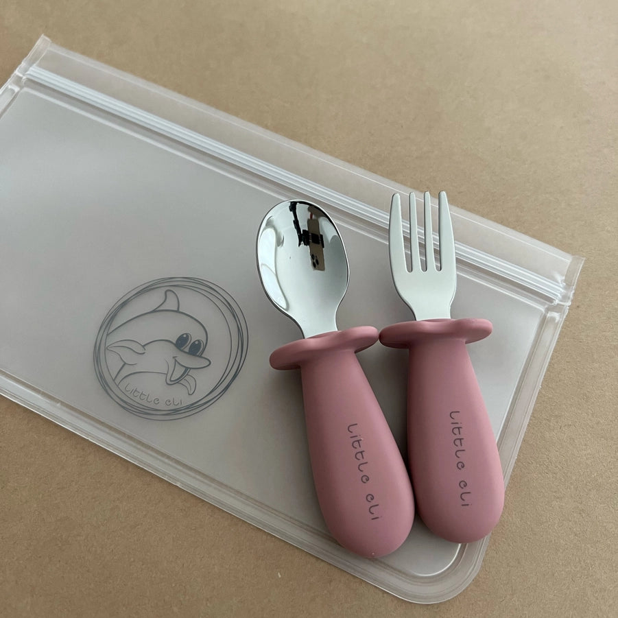 Toddler Silicone & Stainless Steel Cutlery Set - Dusty Rose