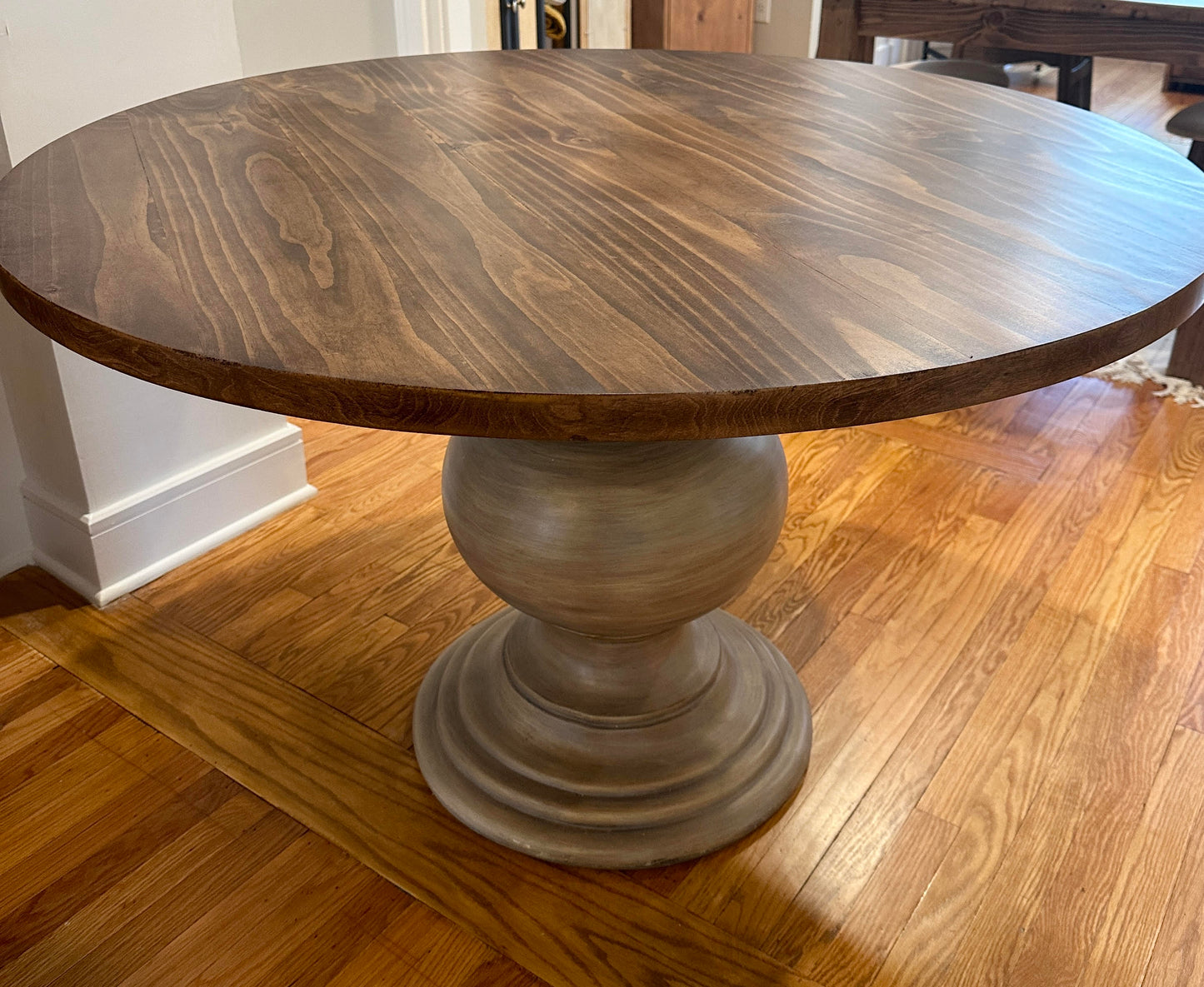 Refinished Round Dining Table On Pedestal Base